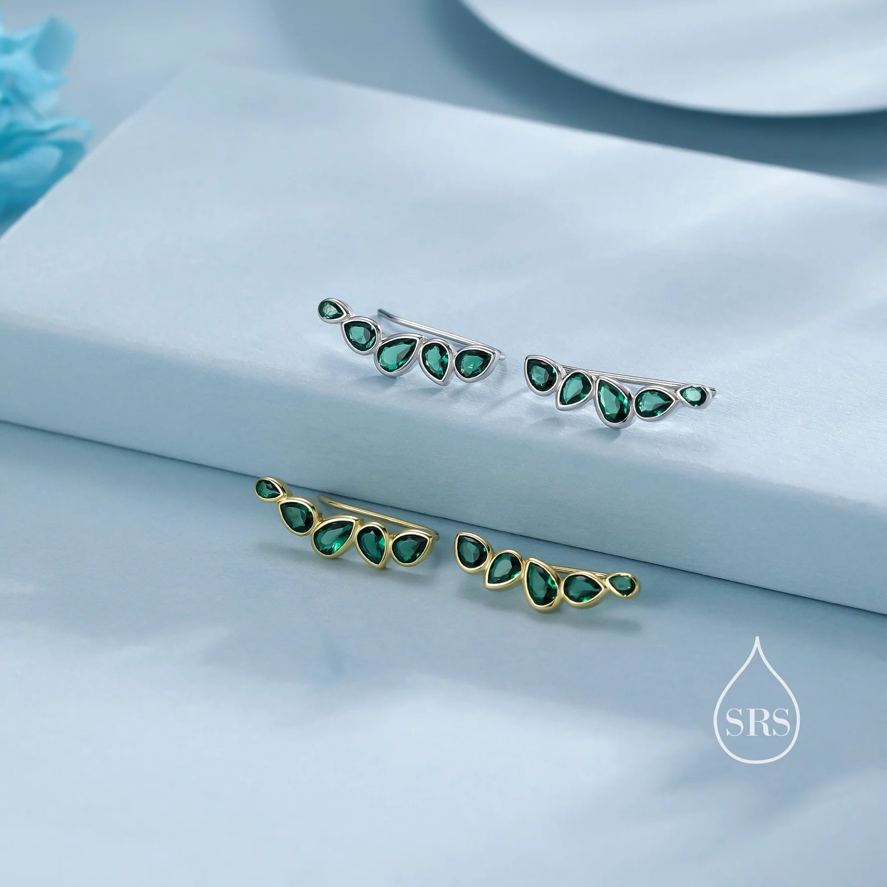 Emerald Green Droplet CZ Cluster Crawler Earrings - Image 5