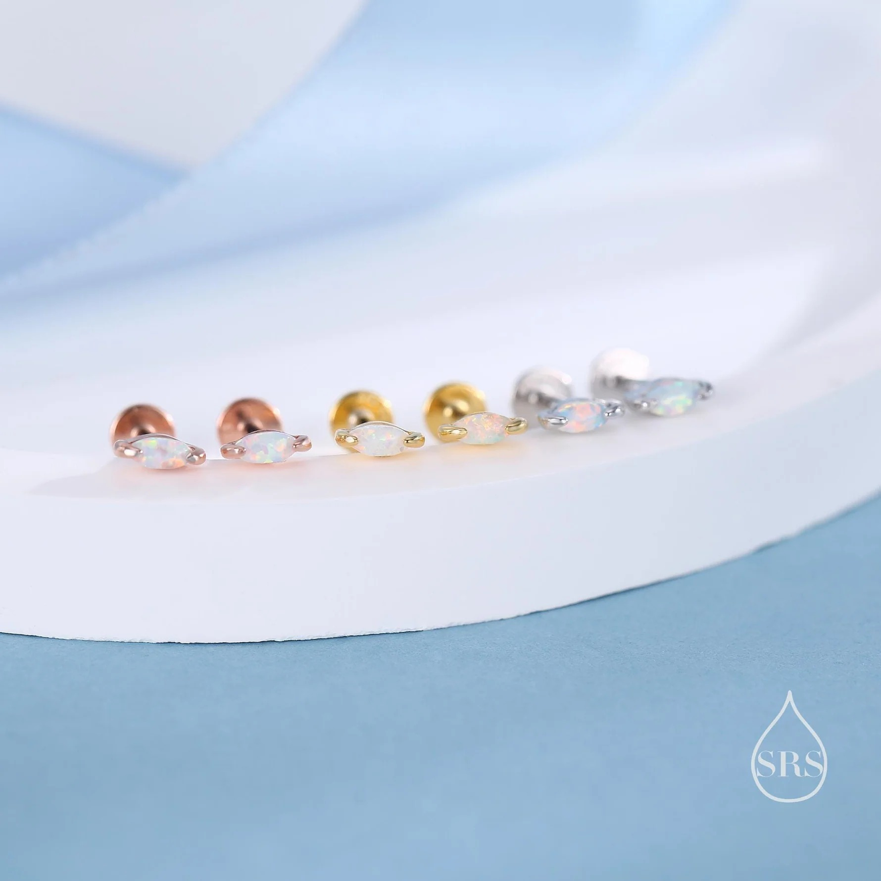 Sterling Silver White Opal Marquise 16G Internally Threaded Flat Back Earrings - Image 6