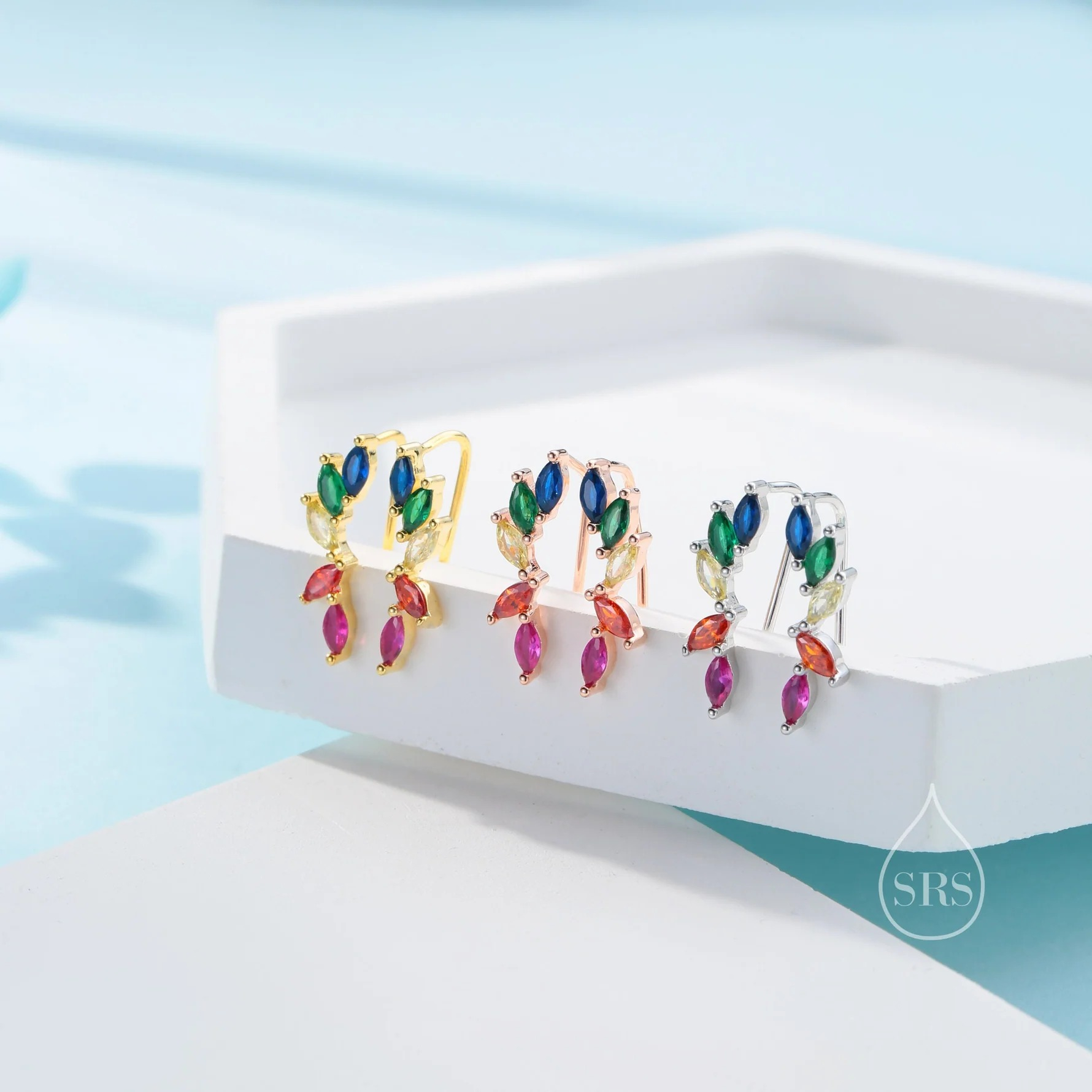 Rainbow Marquise CZ Cluster Crawler Earrings - Image 7