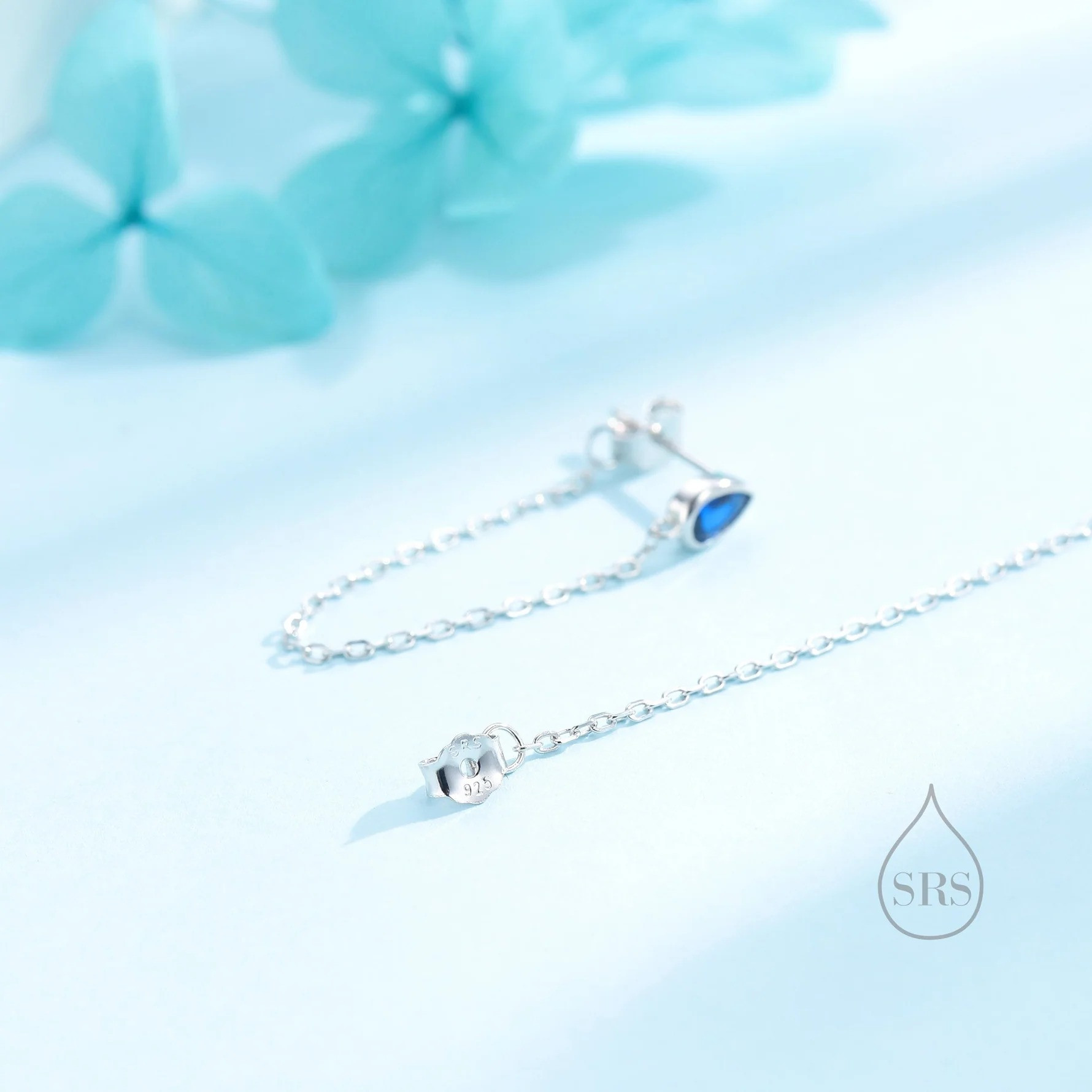 Tiny Sapphire Blue Droplet CZ Dangle Chain Earrings - Image 7
