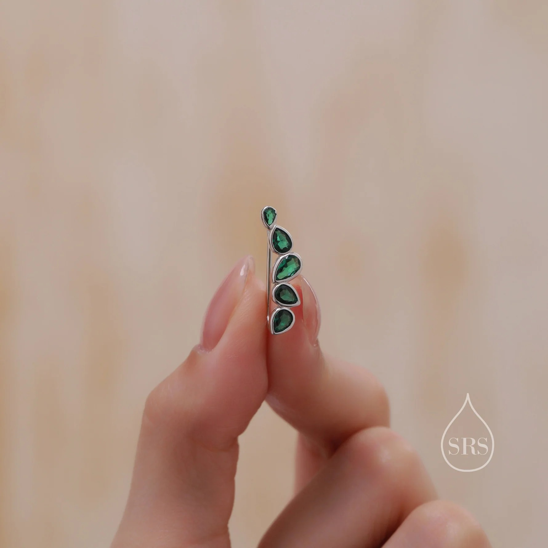 Emerald Green Droplet CZ Cluster Crawler Earrings - Image 7