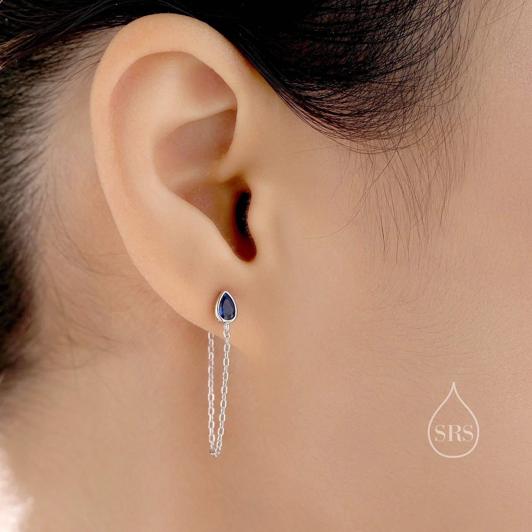 Tiny Sapphire Blue Droplet CZ Dangle Chain Earrings
