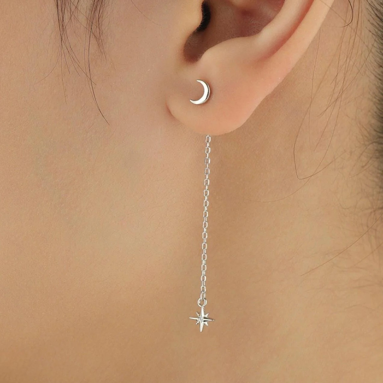 Moon and Star CZ Dangle Earrings