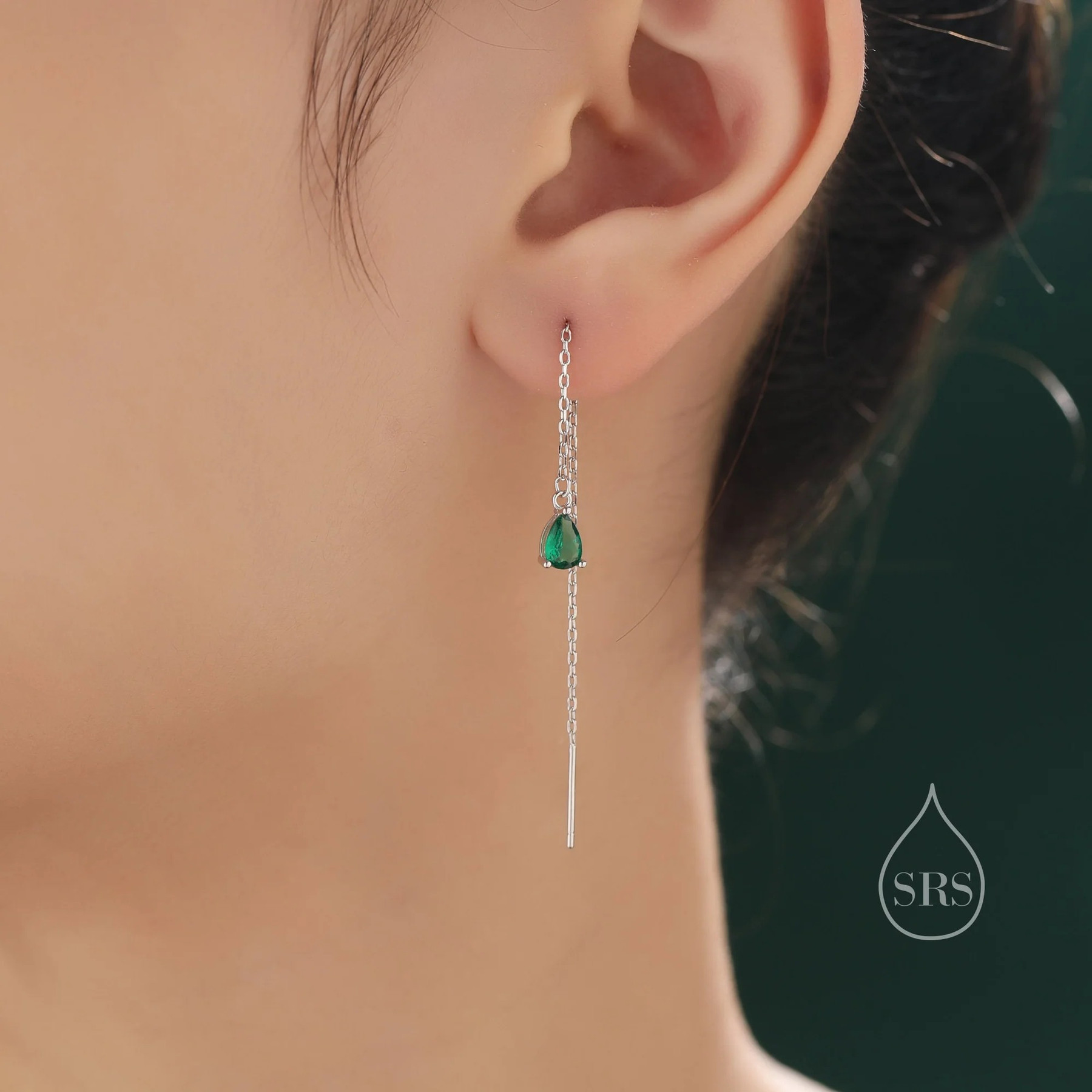 Emerald Green Droplet CZ Threader Earrings