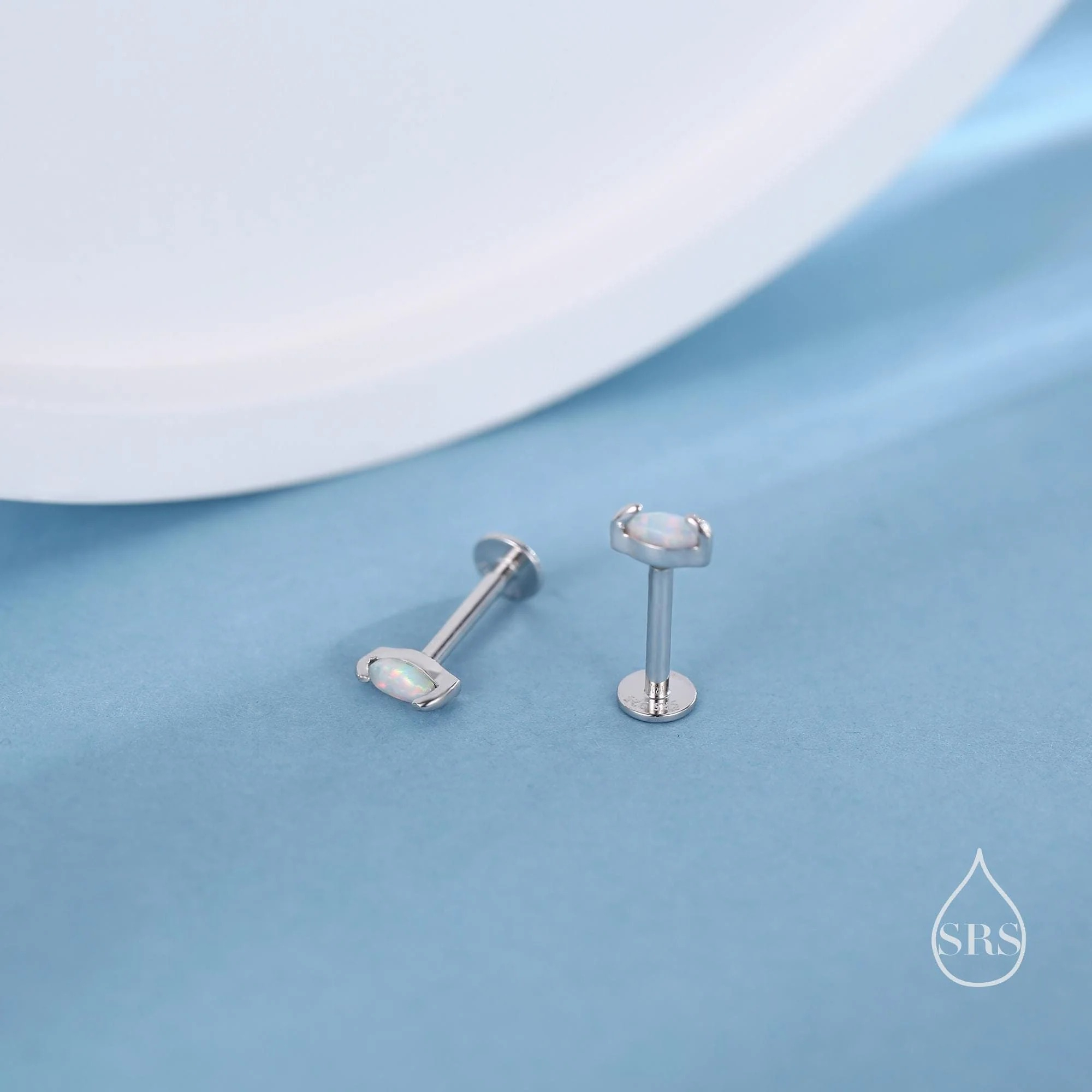 Alternative view of Sterling Silver White Opal Marquise 16G Internally Threaded Flat Back Earrings
