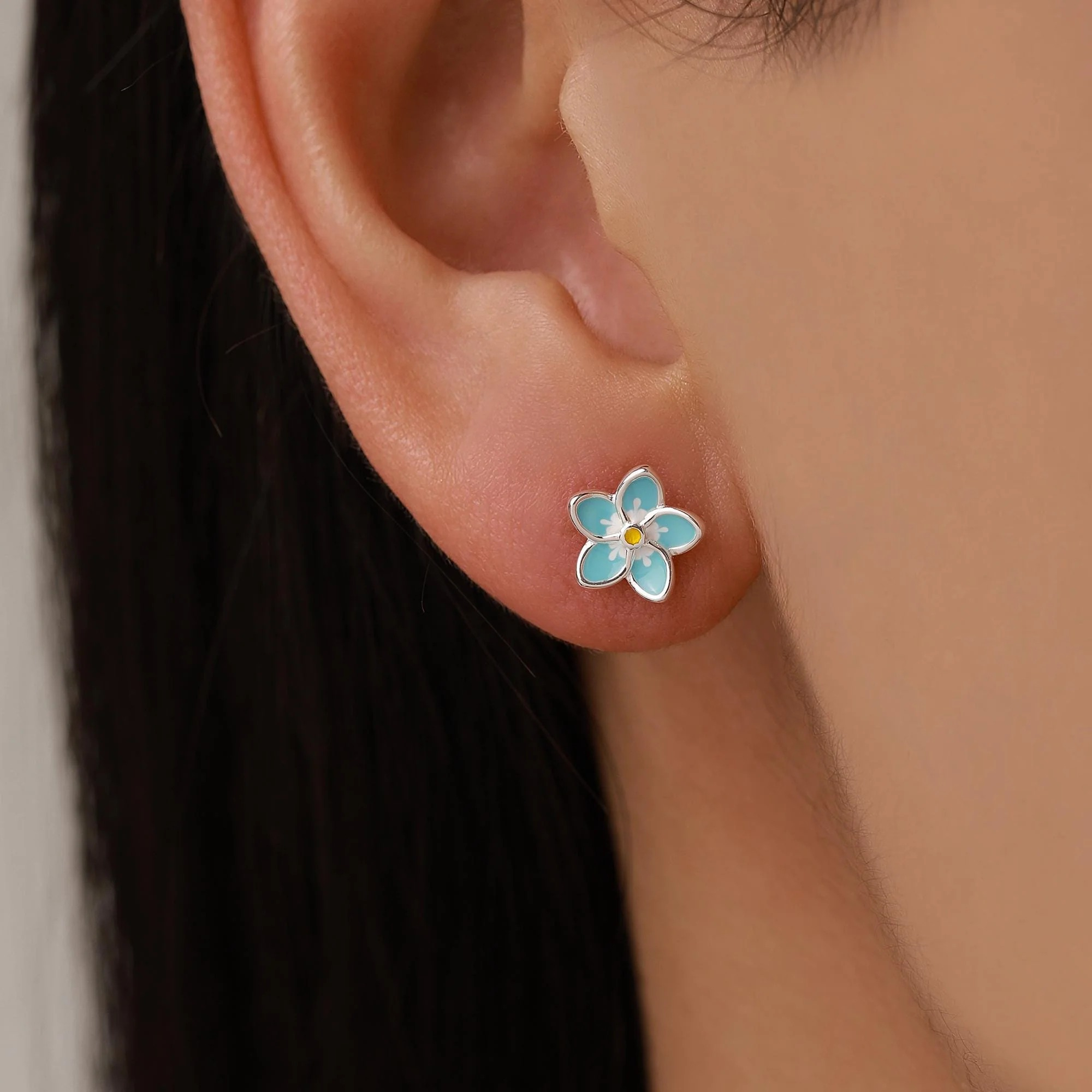 Enamel Forget-Me-Not Flower Flat Back Stud Earrings