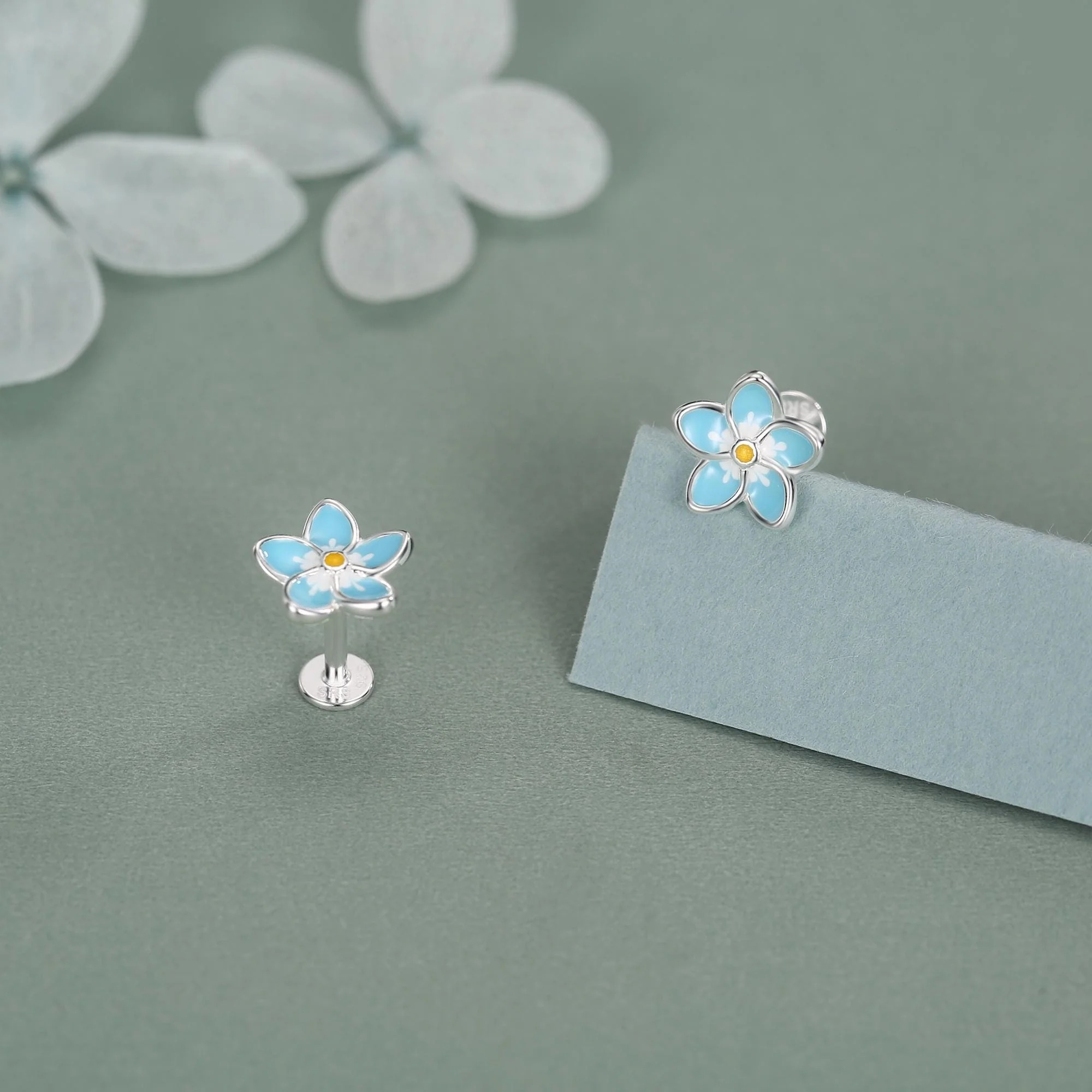 Enamel Forget-Me-Not Flower Flat Back Stud Earrings - Image 3