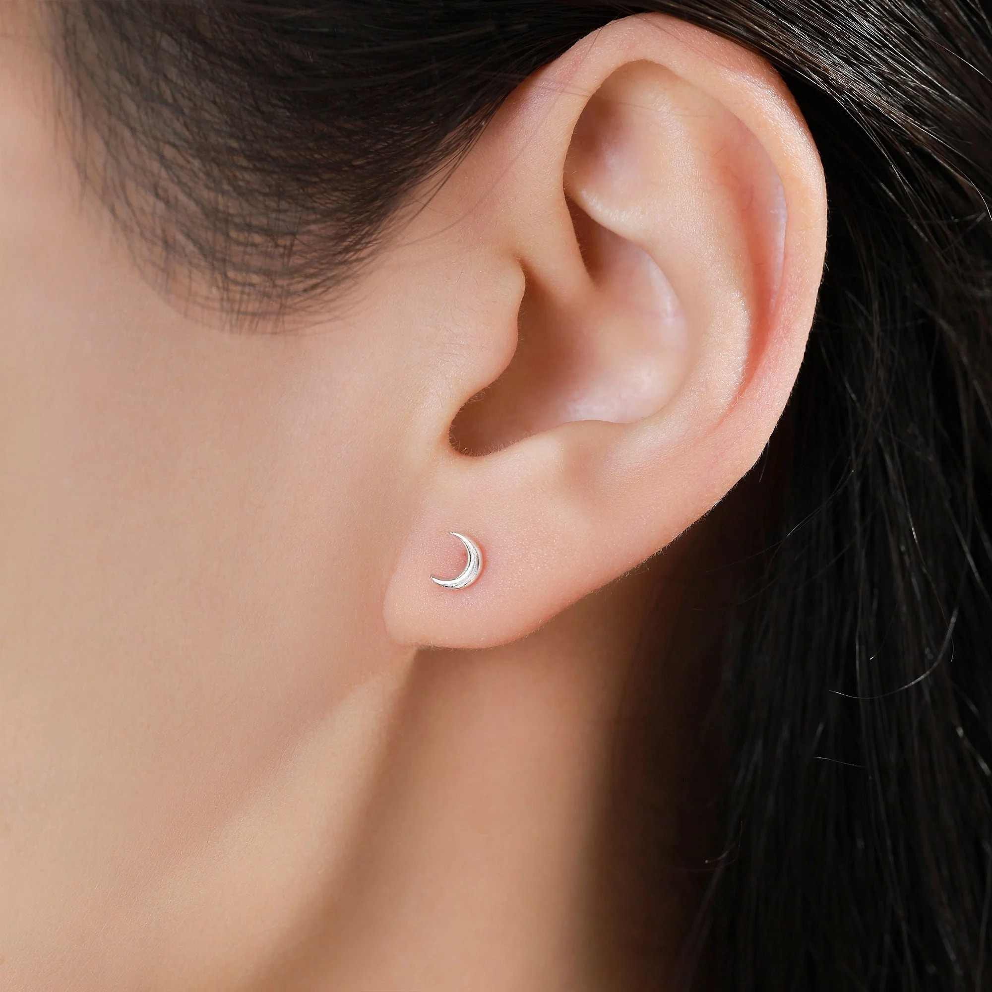 Tiny Moon 16G Internally Threaded Flat Back Earrings in Sterling Silver
