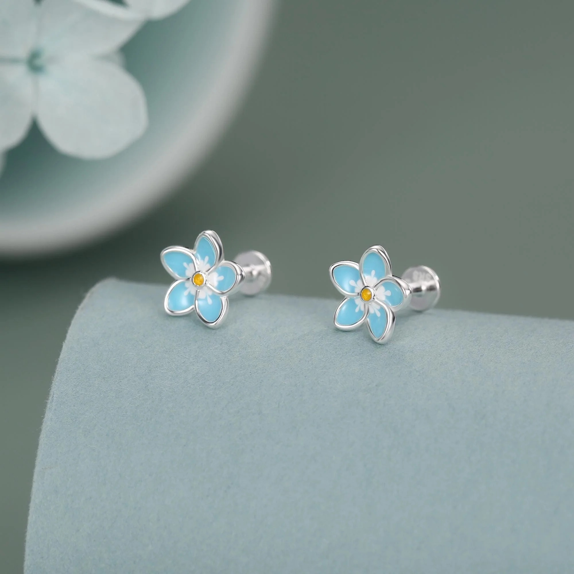 Enamel Forget-Me-Not Flower Flat Back Stud Earrings - Image 4