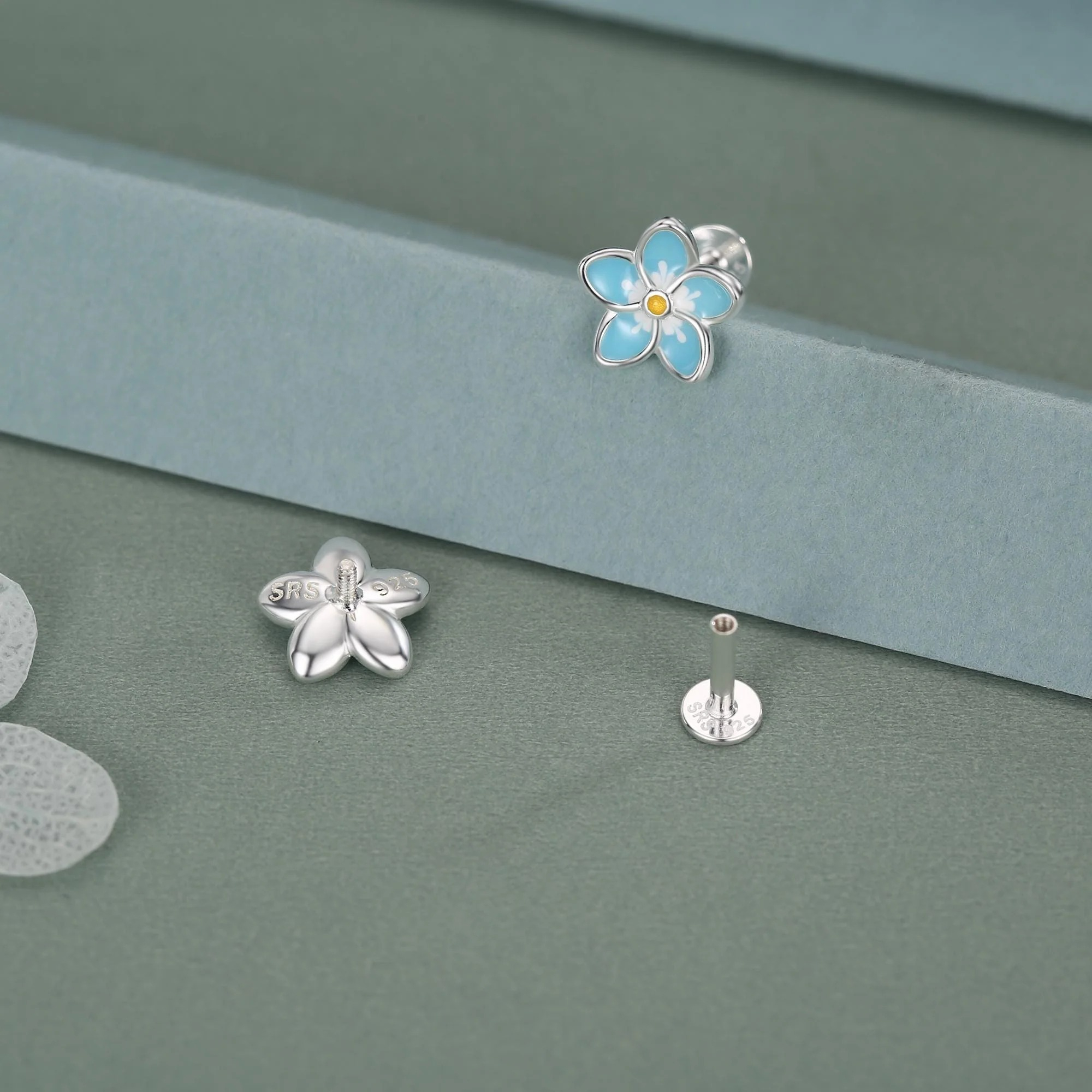 Enamel Forget-Me-Not Flower Flat Back Stud Earrings - Image 5