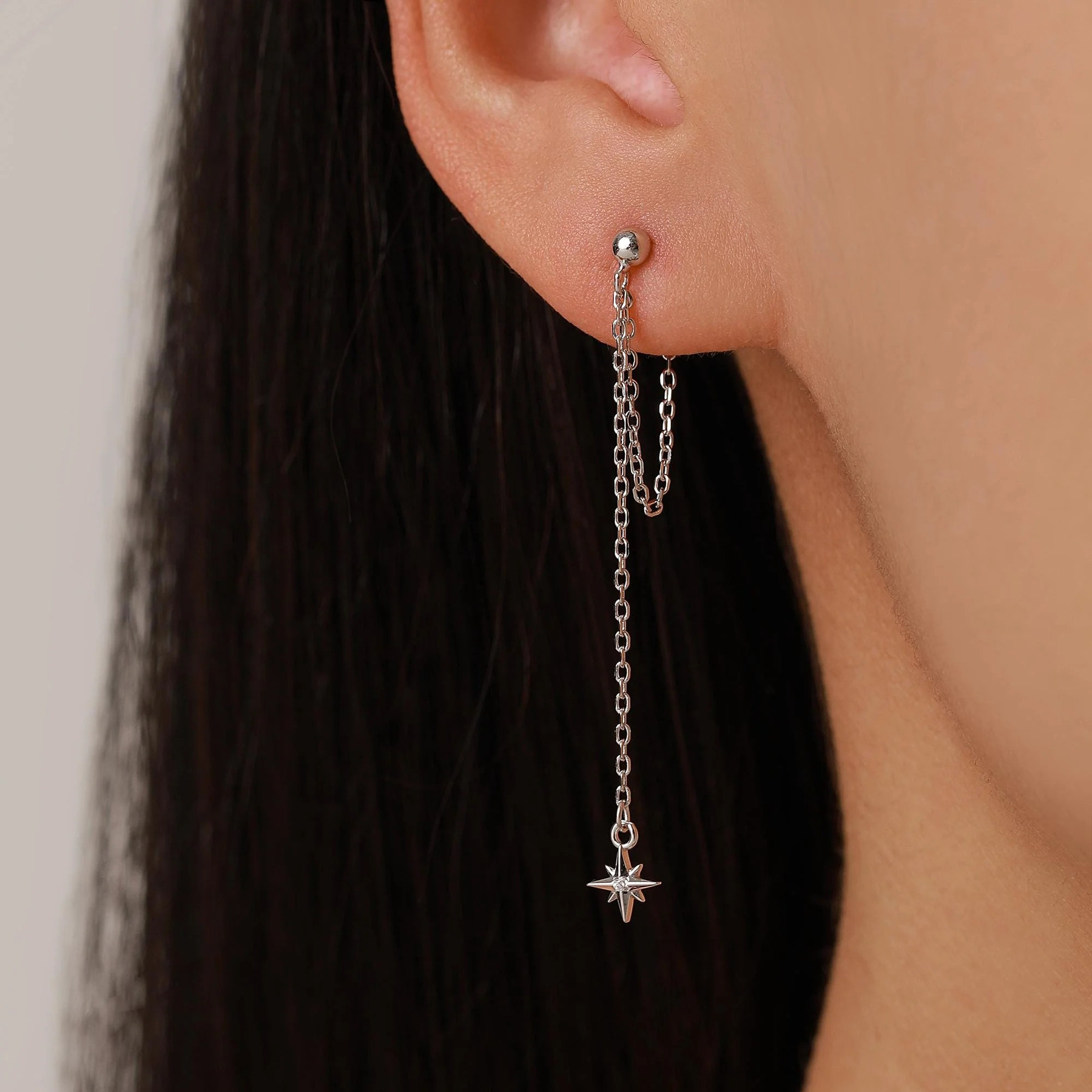 Tiny CZ Starburst Dangle Chain Earrings