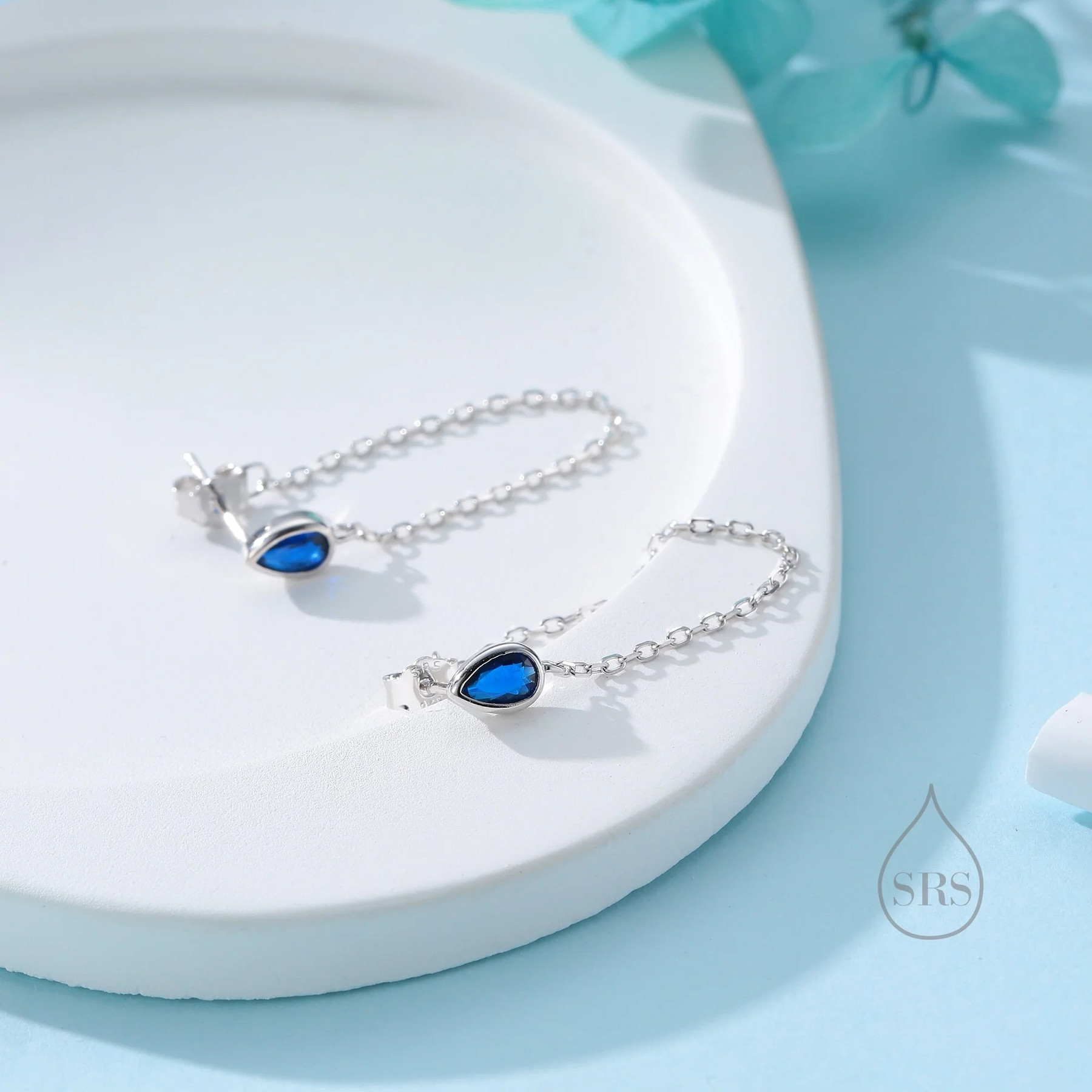 Tiny Sapphire Blue Droplet CZ Dangle Chain Earrings - Image 3