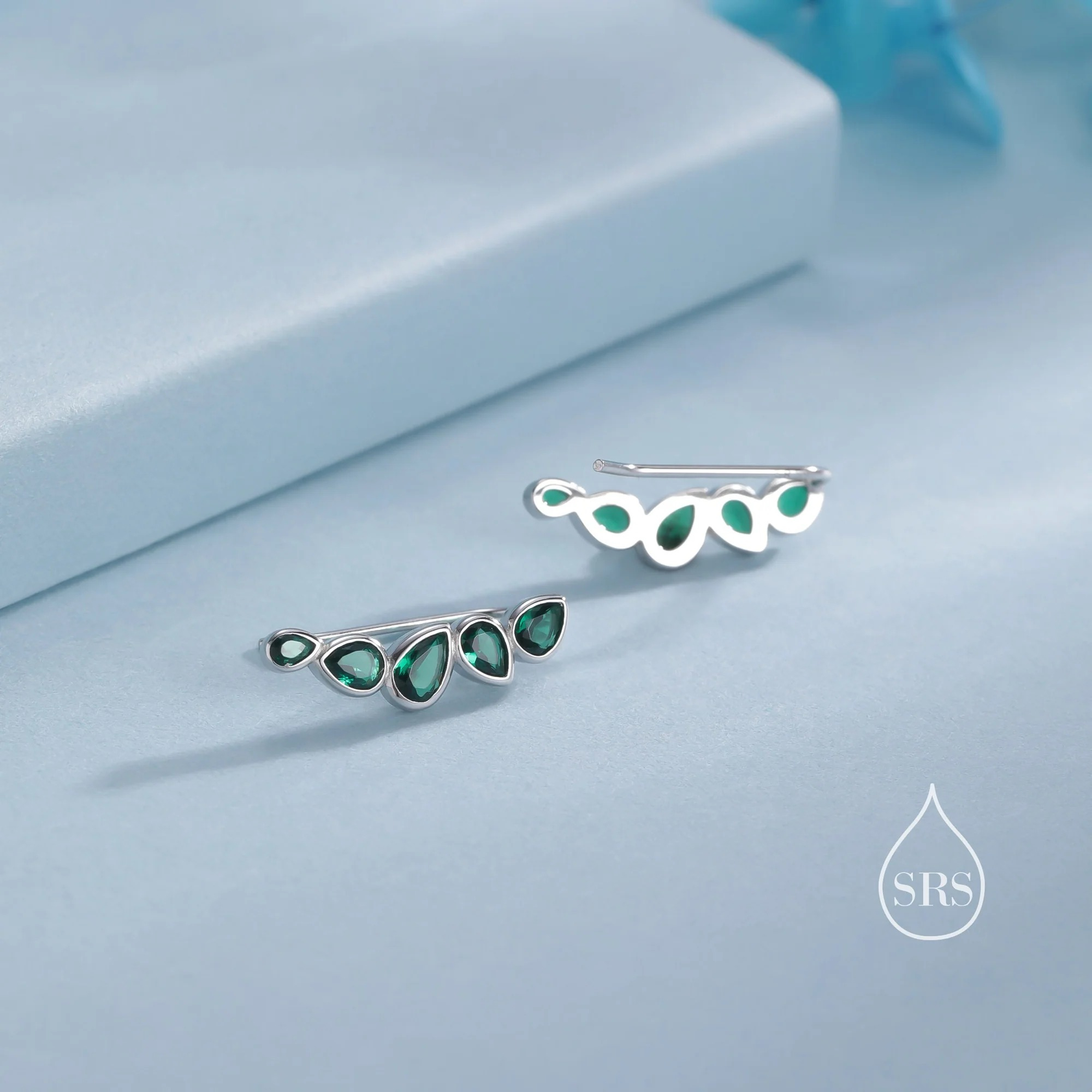 Emerald Green Droplet CZ Cluster Crawler Earrings - Image 3