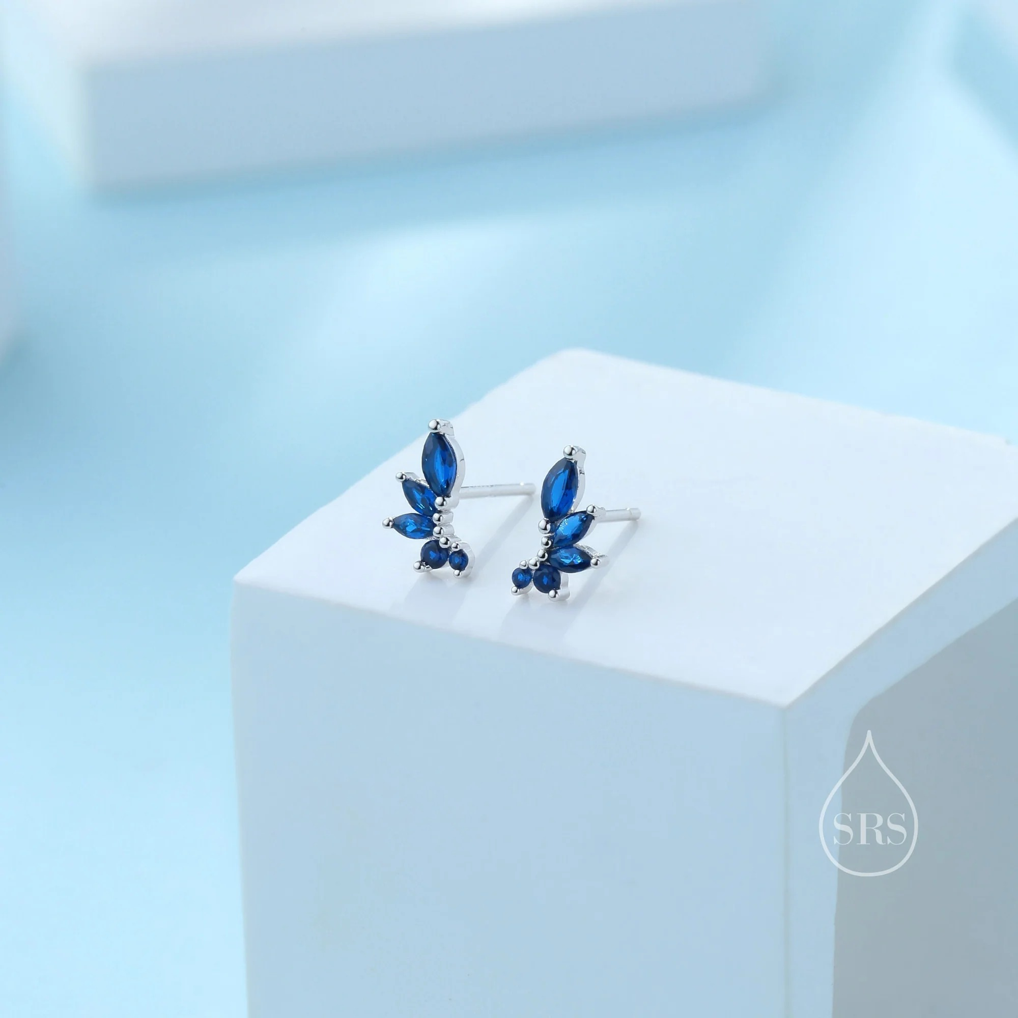 Sapphire Blue CZ Marquise Cluster Earrings - Image 2