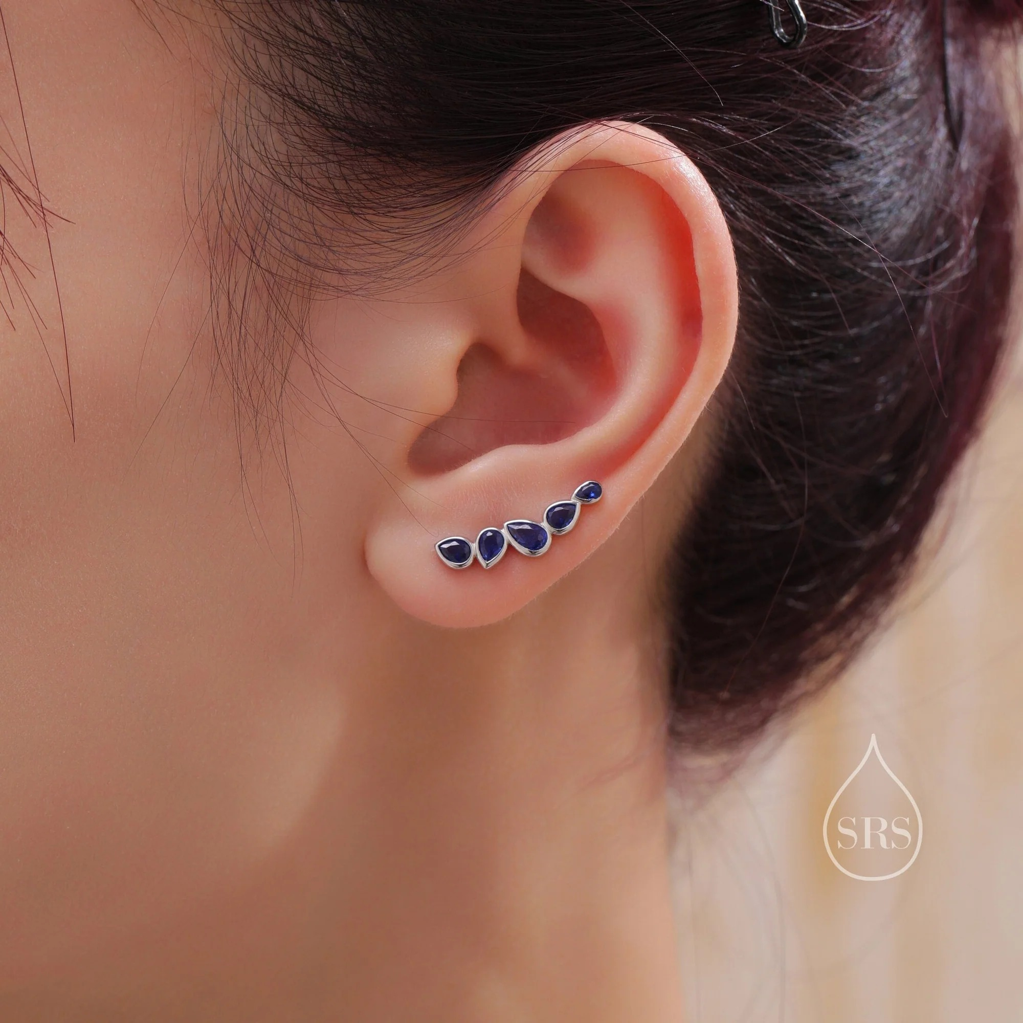 Sapphire Blue Droplet CZ Cluster Crawler Earrings