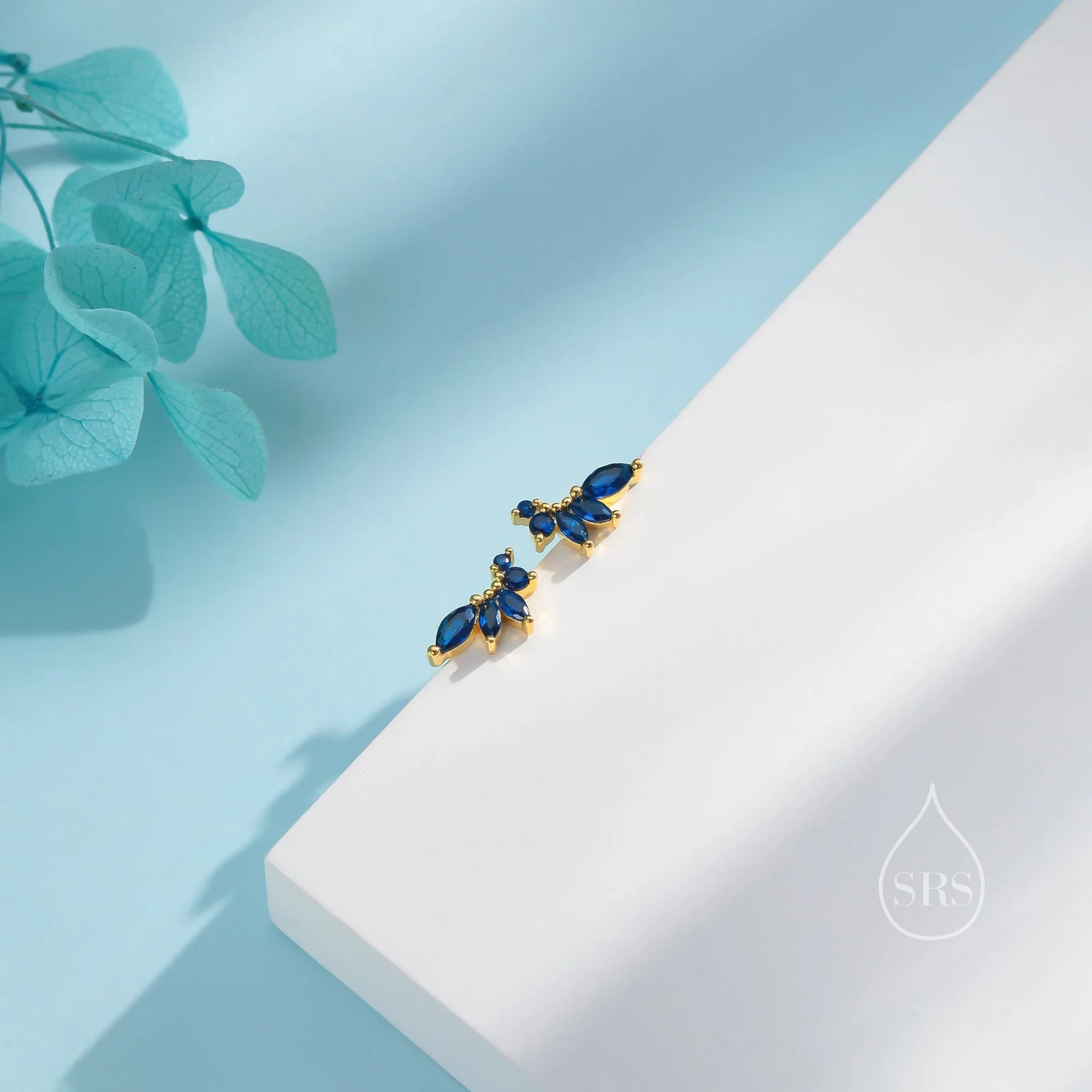 Sapphire Blue CZ Marquise Cluster Earrings - Image 3